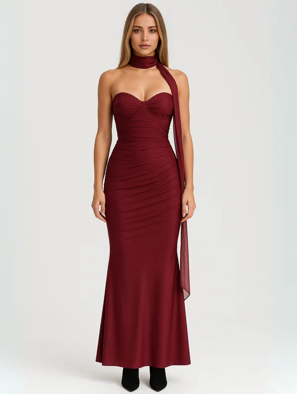 Anya strapless choker maxi dress in burgundy, full length front view on model