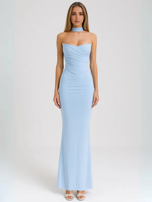 Anya women's strapless choker maxi dress in light blue, full length studio front view