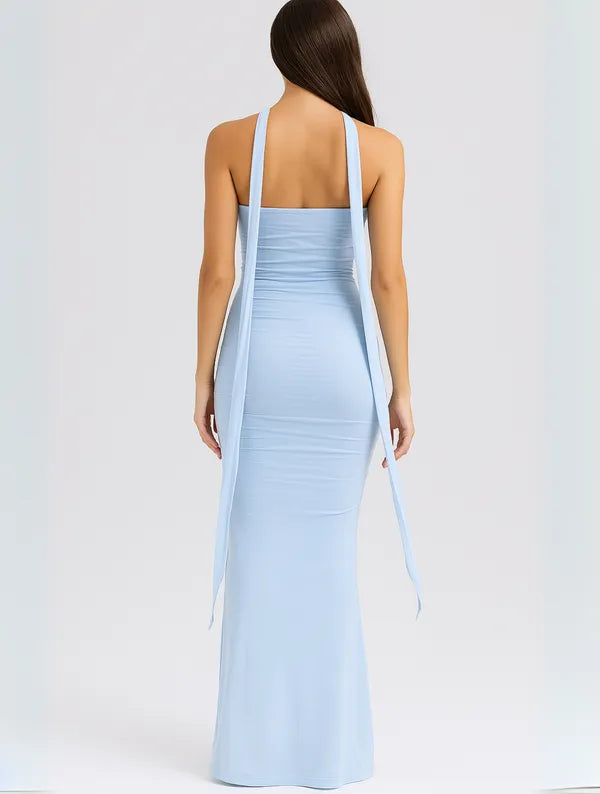 Back view of the light blue Anya strapless choker maxi dress with hanging ties