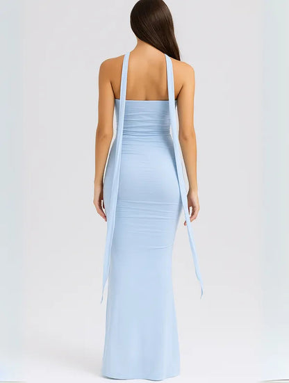 Back view of the light blue Anya strapless choker maxi dress with hanging ties