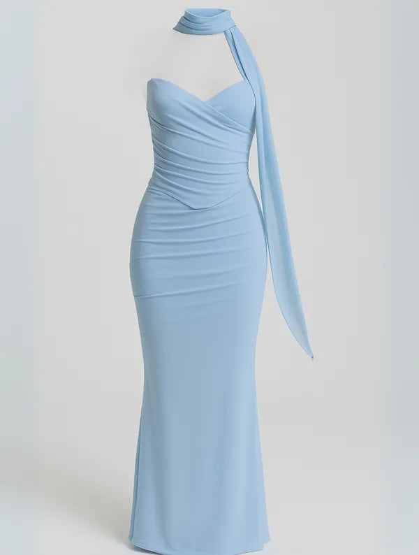 Light blue Anya strapless choker maxi dress shown on an invisible mannequin form