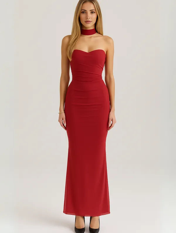 Anya women's strapless choker maxi dress in red, full length studio front view