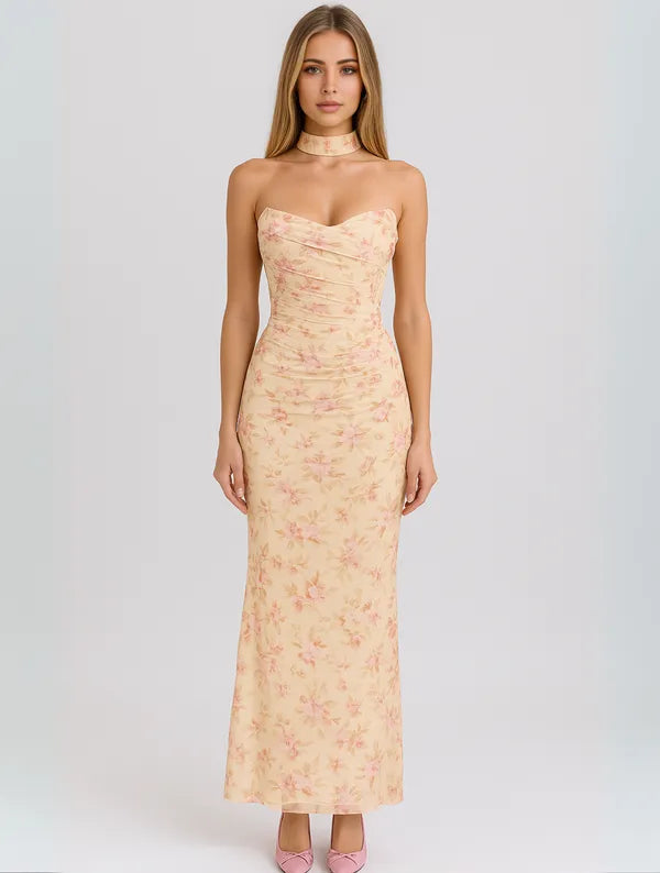 Anya strapless choker maxi dress in yellow floral print, full length front view