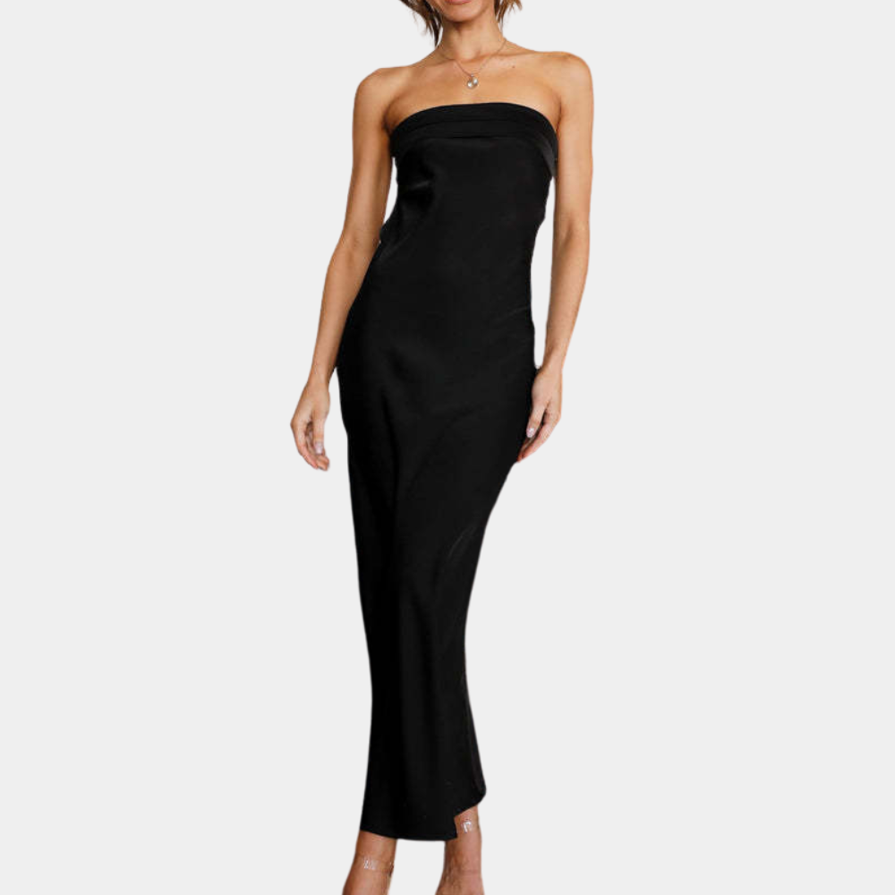Black Jeline strapless satin evening maxi dress, front view of the bias-cut skirt