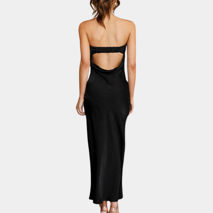 Back view of the black Jeline strapless evening maxi dress with open back band