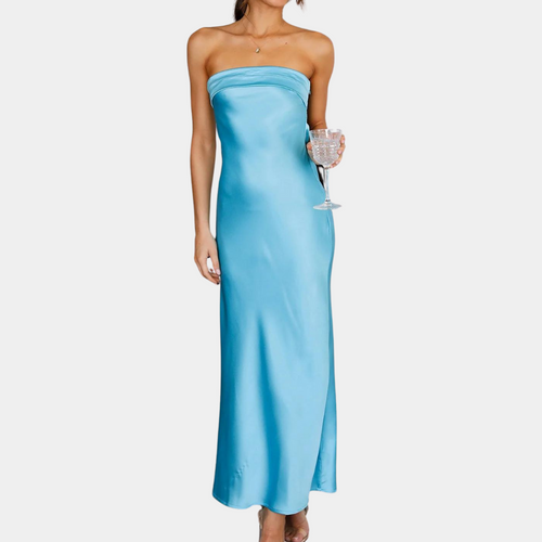 Jeline women's strapless evening maxi dress in blue satin, full length front view