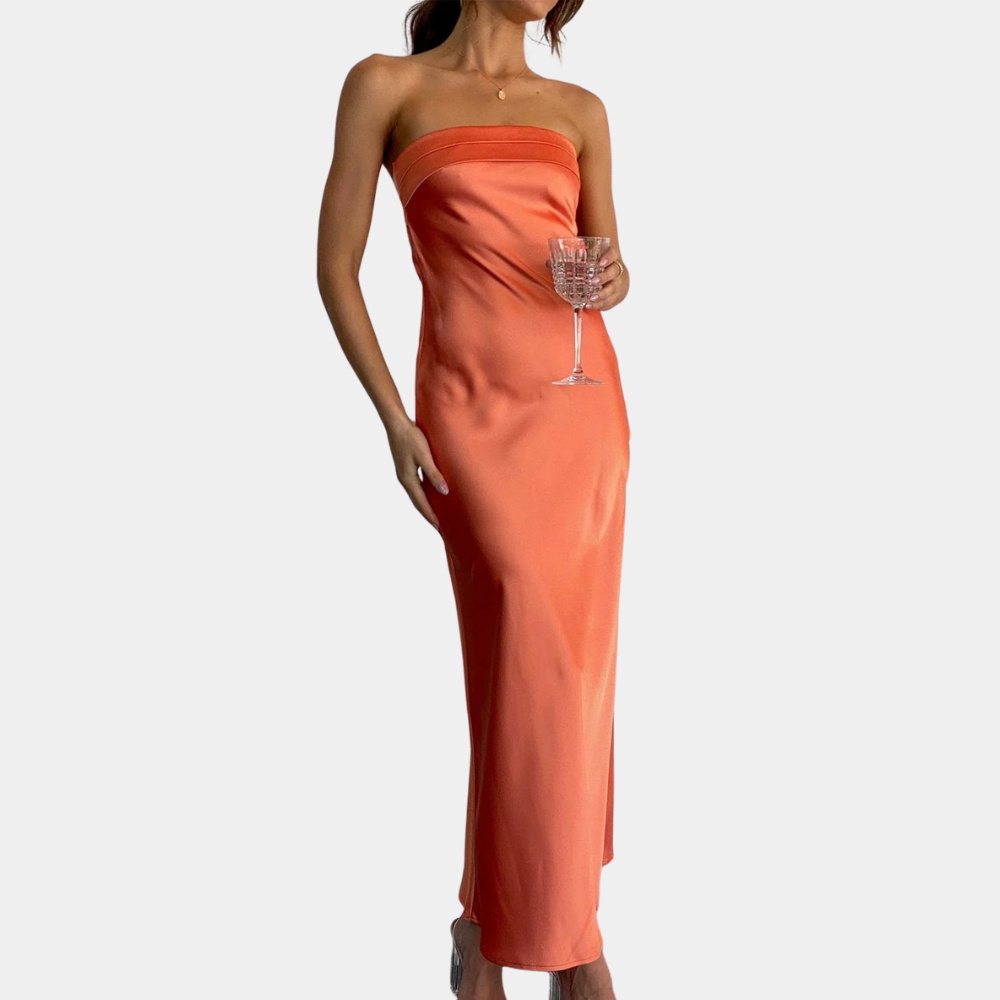 Orange Jeline strapless satin evening maxi dress, full length front view with slit