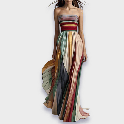 Ivonne women's strapless pleated maxi dress in multicolored stripes, front view