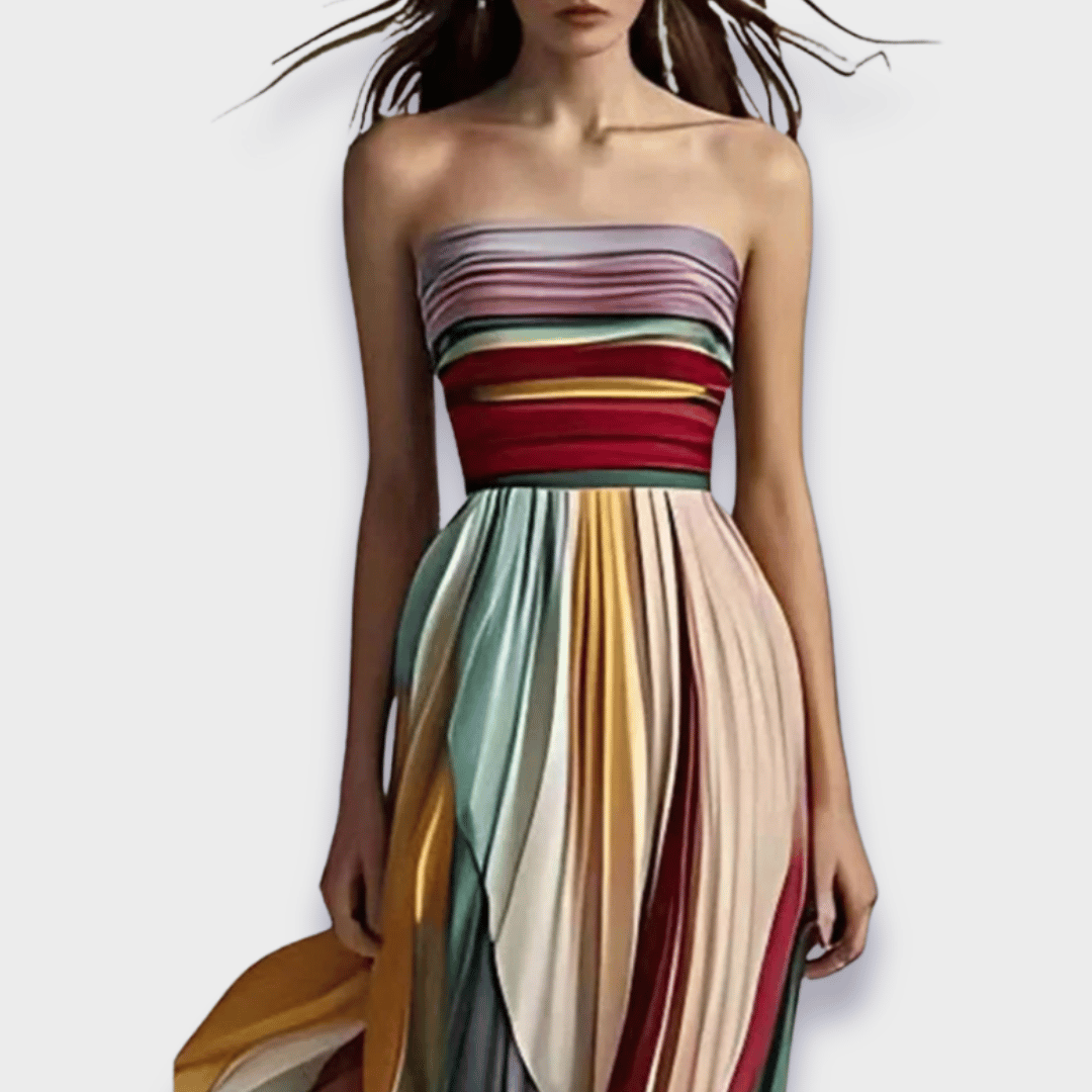 Close-up of the multicolored striped pleating on the Ivonne strapless maxi dress