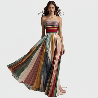 Full length front view of the multicolored Ivonne strapless pleated maxi dress