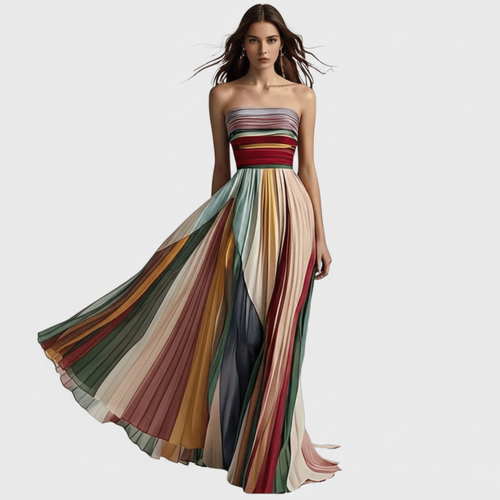 Full length front view of the multicolored Ivonne strapless pleated maxi dress