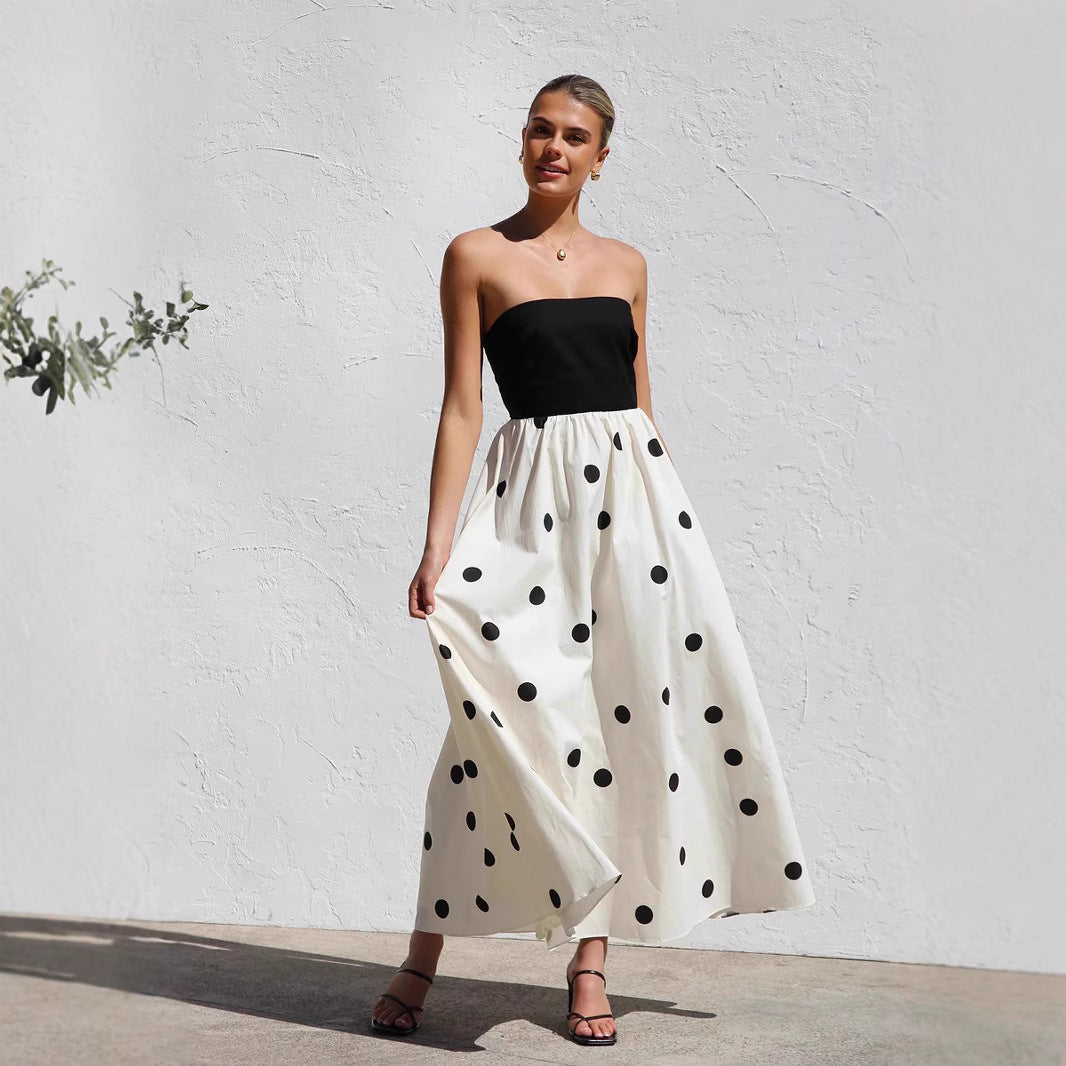 Nives women's strapless polka dot maxi dress with white spotted skirt, front view