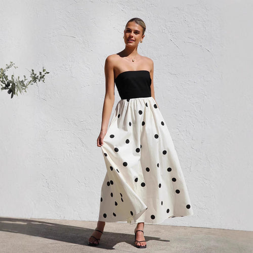 Nives women's strapless polka dot maxi dress with white spotted skirt, front view