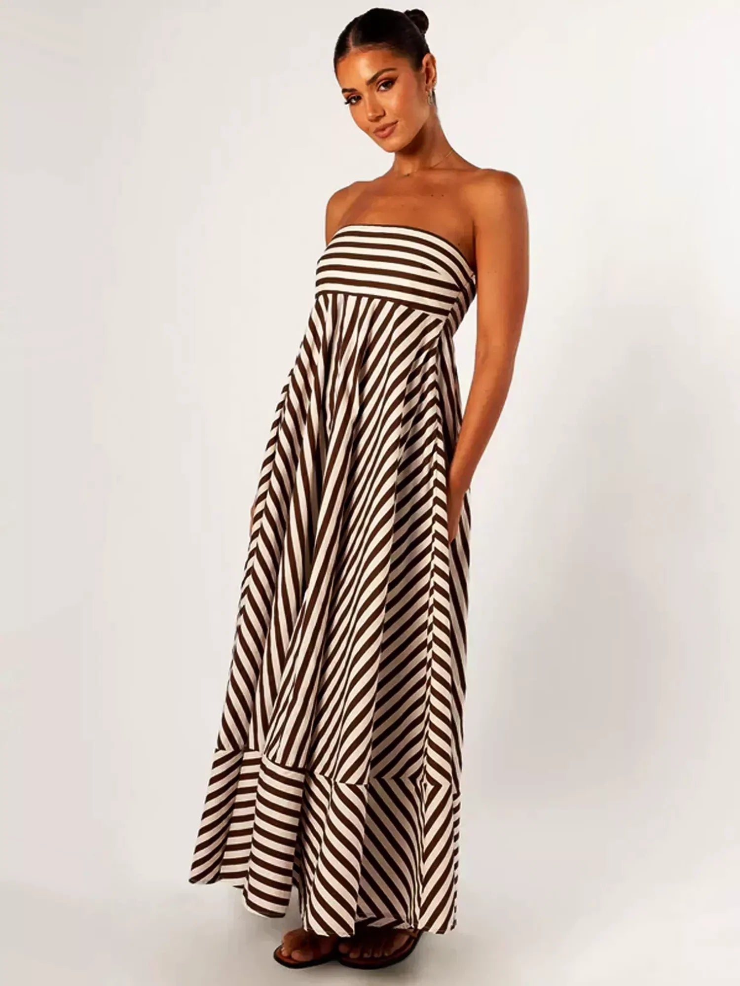 Orsolya women's strapless striped maxi dress, studio front view of the full skirt