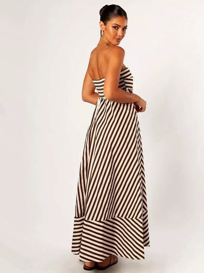 Back view of the Orsolya strapless striped maxi dress showing the elastic band top