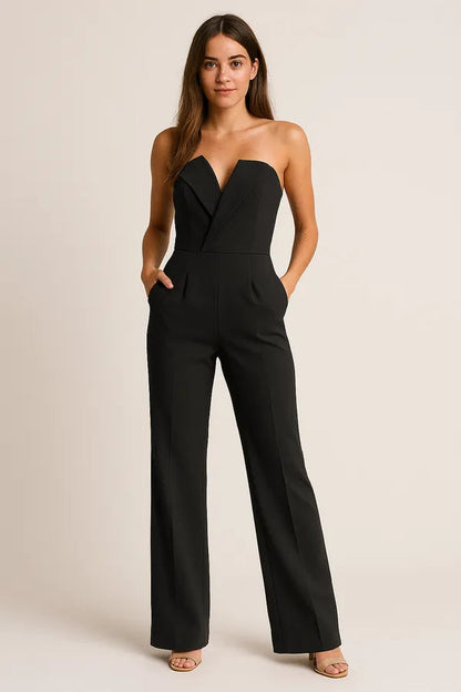 Andrea women's strapless tuxedo jumpsuit in black, full length front view