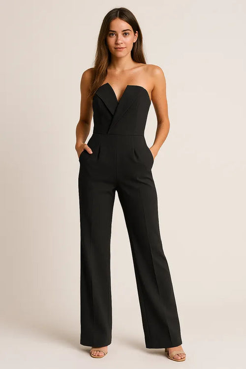 Andrea women's strapless tuxedo jumpsuit in black, full length front view