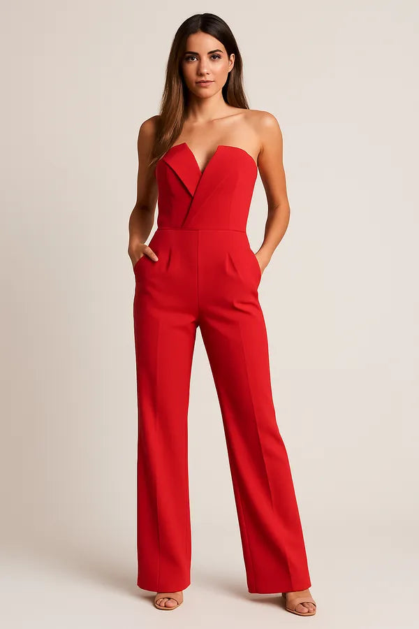 Red Andrea women's strapless tuxedo jumpsuit, full front view on the model