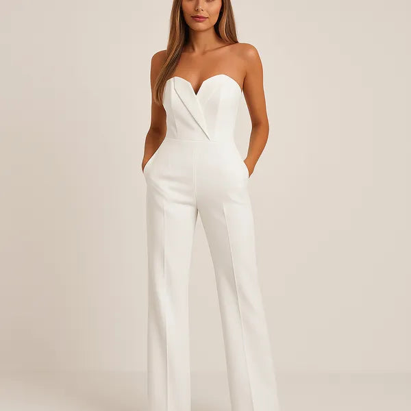 White Andrea women's strapless tuxedo jumpsuit, front view of the notch bodice