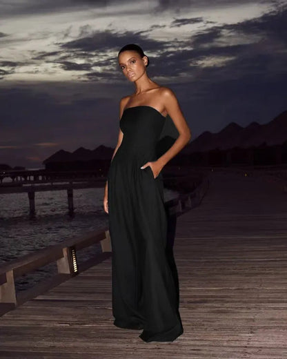 Black Shadi women's strapless wide-leg cocktail jumpsuit, full front view