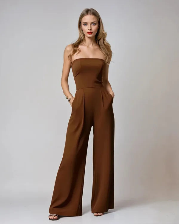 Brown Shadi women's strapless wide-leg cocktail jumpsuit, studio front view