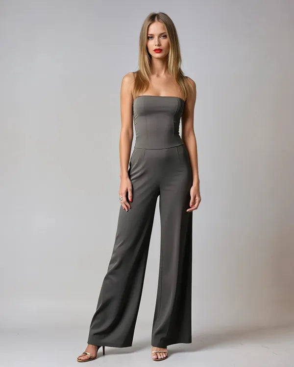 Gray Shadi women's strapless wide-leg cocktail jumpsuit, full length front view