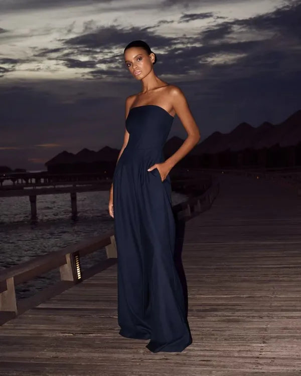 Shadi women's strapless wide-leg cocktail jumpsuit in navy blue, front view