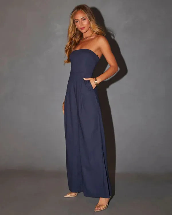 Navy blue Shadi strapless wide-leg cocktail jumpsuit, side view on the model