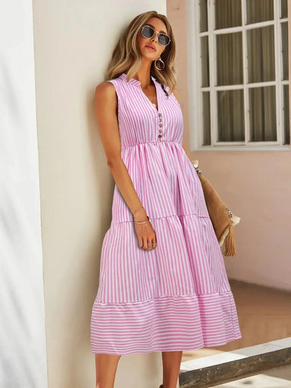 Violeta women's striped flowy summer midi dress in pink stripes, front view on model