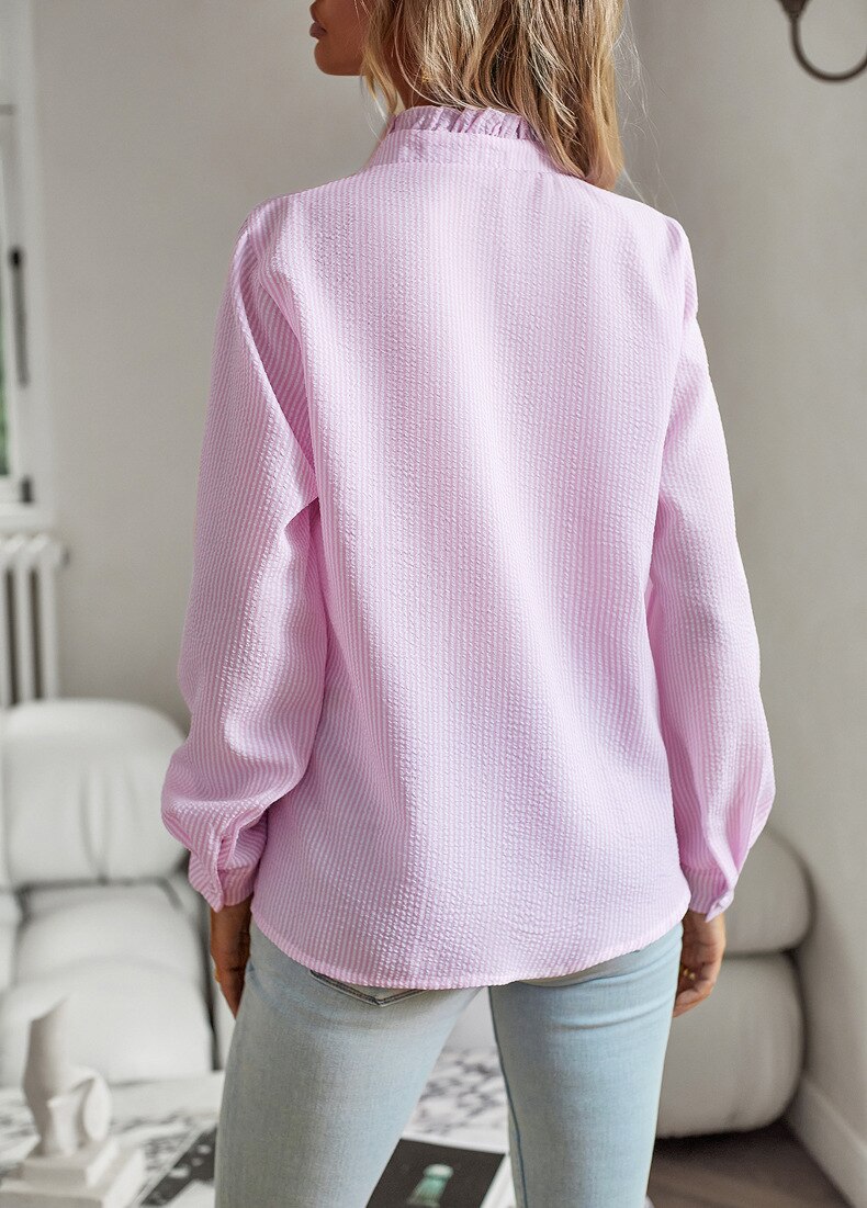 Pink Elettra women's striped ruffle long sleeve blouse seen from behind