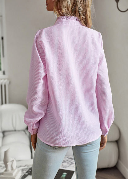 Pink Elettra women's striped ruffle long sleeve blouse seen from behind