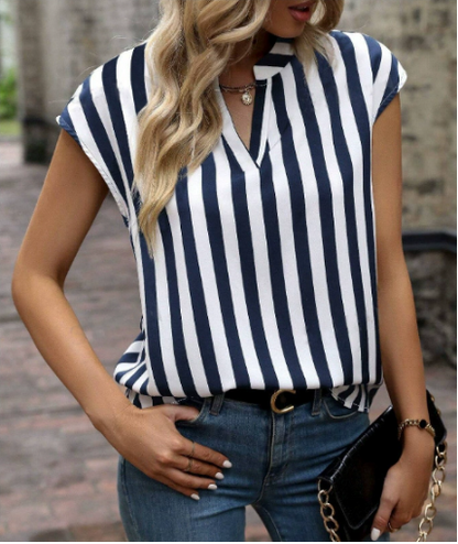 Odalys women's striped sleeveless blouse in black-white, front view with jeans