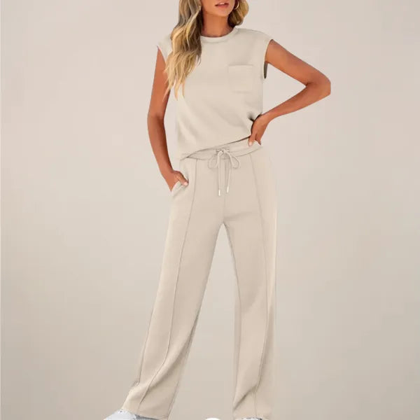 Eliska women's summer co-ord set in apricot cream, front view on model