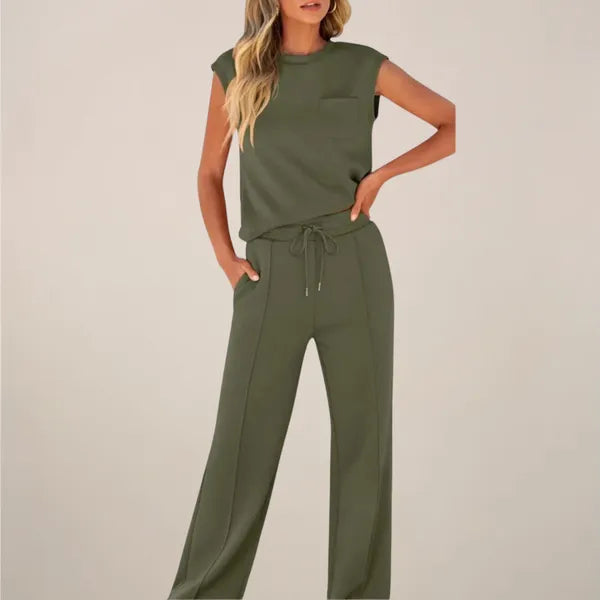 Eliska women's summer co-ord set in army green, front view on model