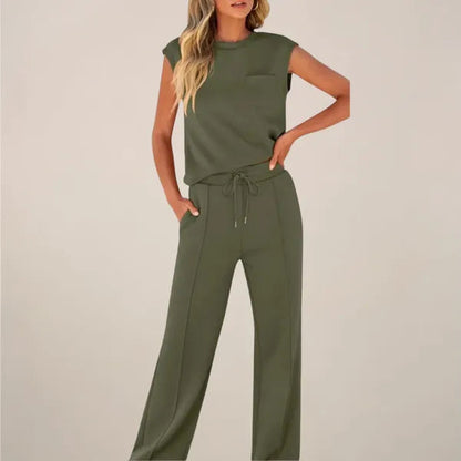 Eliska women's summer co-ord set in army green, front view on model