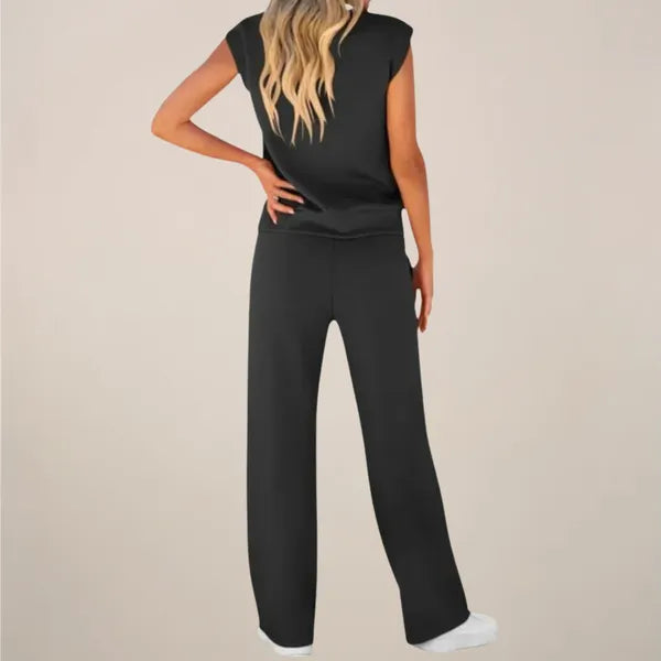 Eliska women's summer co-ord set in black, back view on model