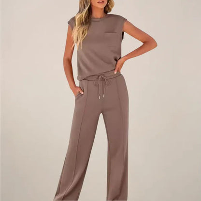 Eliska women's summer co-ord set in taupe brown, front view on model