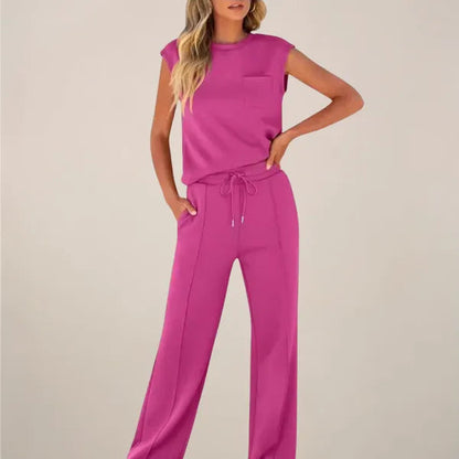 Eliska women's summer co-ord set in hot pink, front view on model