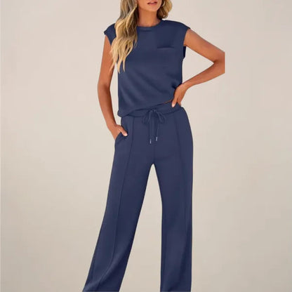 Eliska women's summer co-ord set in navy blue, front view on model