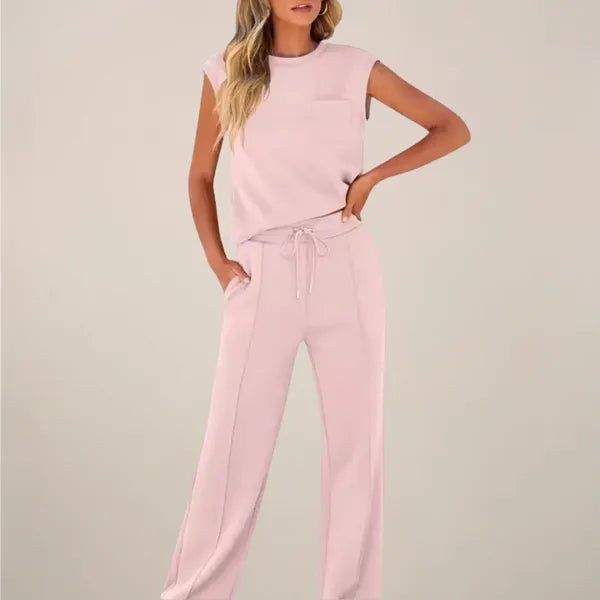 Eliska women's summer co-ord set in soft pink, front view on model