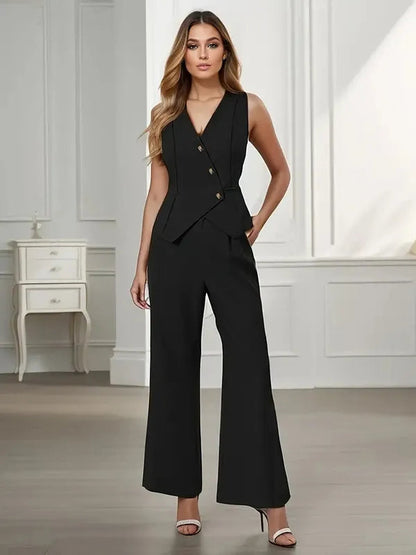 Daliah black tailored waistcoat and trousers set, front view in interior