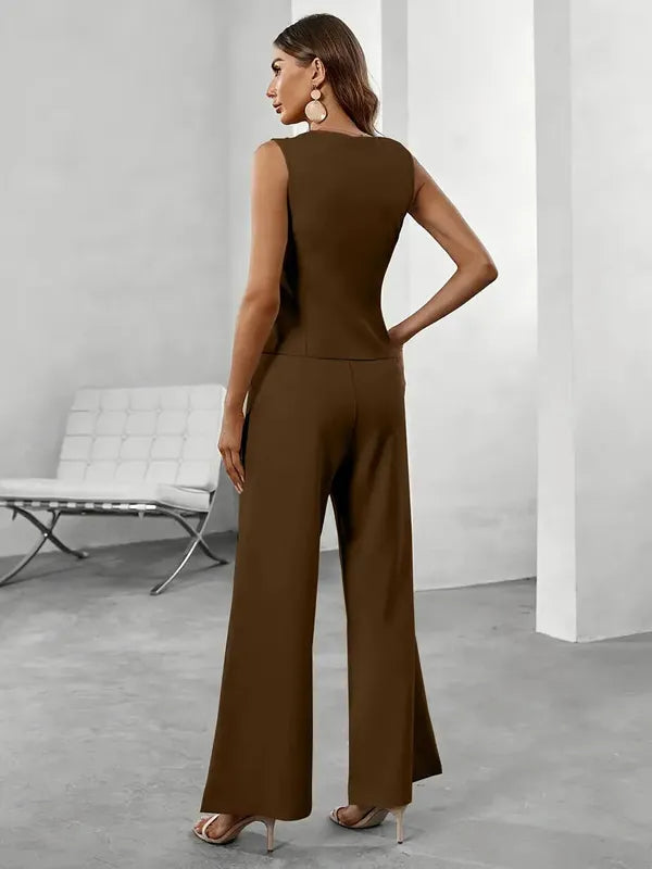 Daliah brown tailored waistcoat and trousers set, back view on model