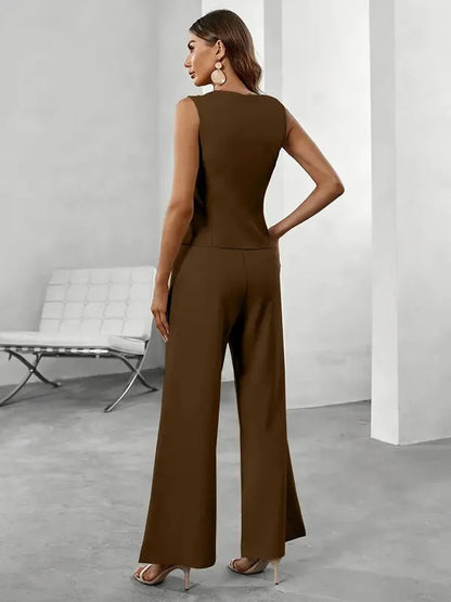 Daliah brown tailored waistcoat and trousers set, back view on model