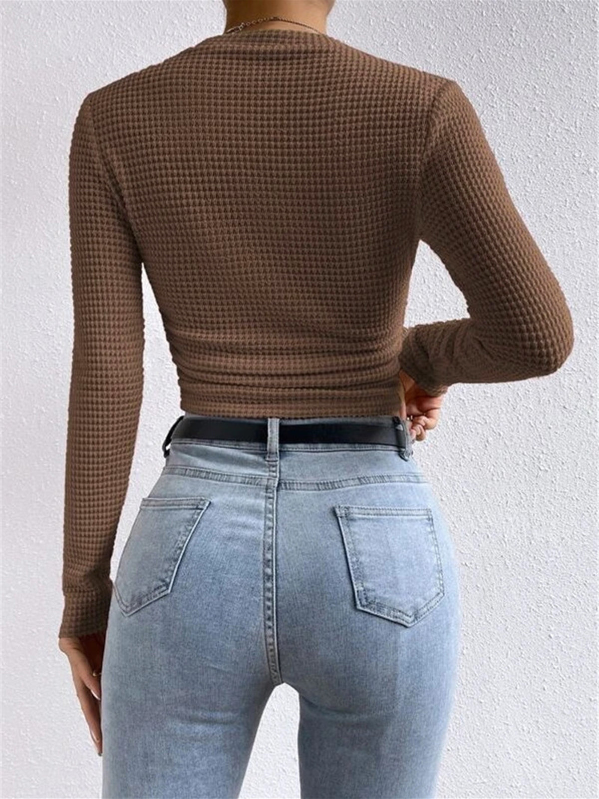 Danae Women's Textured Long Sleeve Crop Top in brown, back view of waffle texture