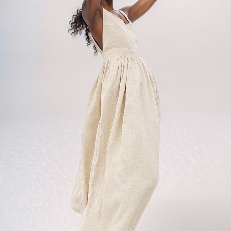 Apricot Eudora tie-strap linen maxi dress seen from the side, gathered full skirt