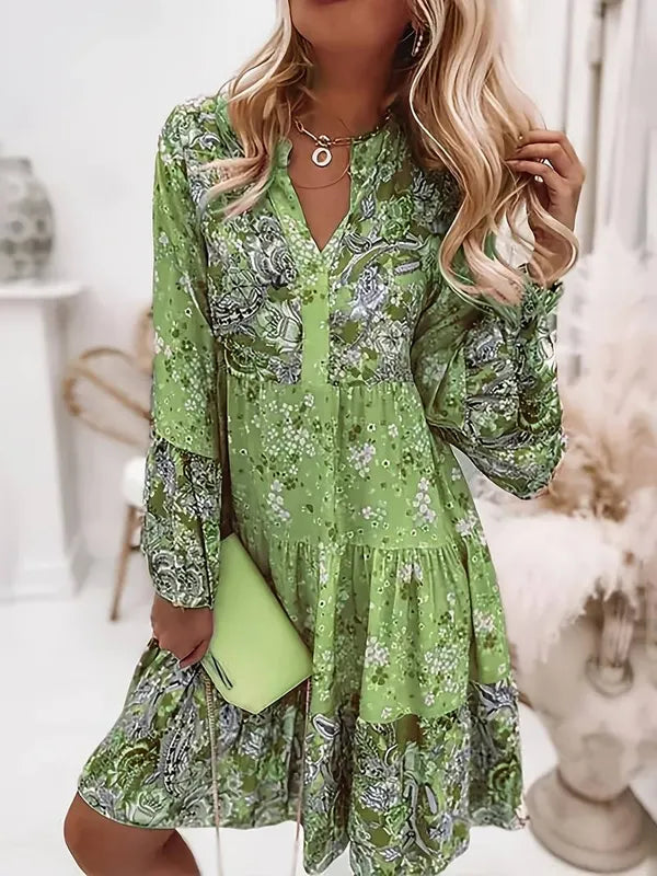 Green Tiered Floral Flared Sleeve Mini Dress front view with boho paisley print