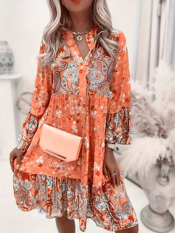 Orange Tiered Floral Flared Sleeve Mini Dress front view with V neck and tiered skirt