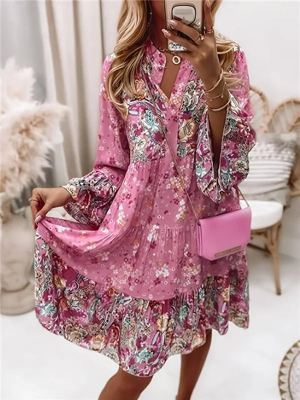 Pink Tiered Floral Flared Sleeve Mini Dress front view with paisley print and ruffle hem