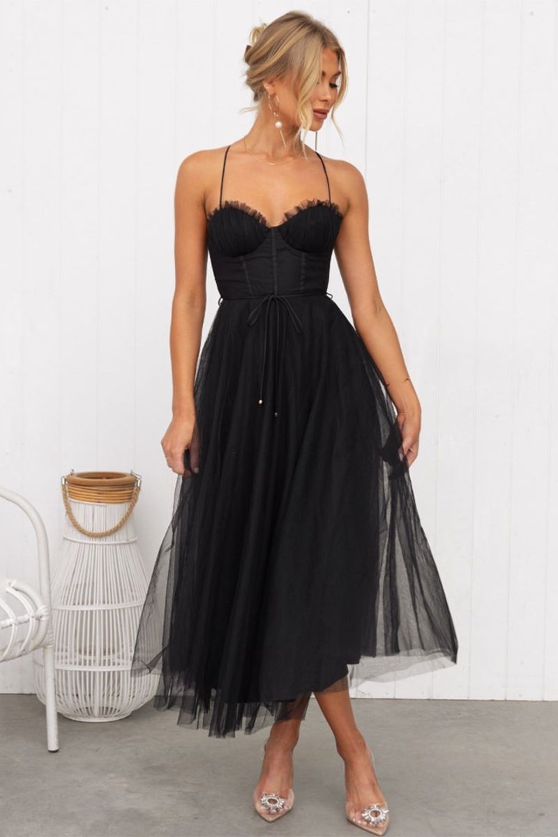 Women's Tulle Midi Dress – Lana in Black, front view on model