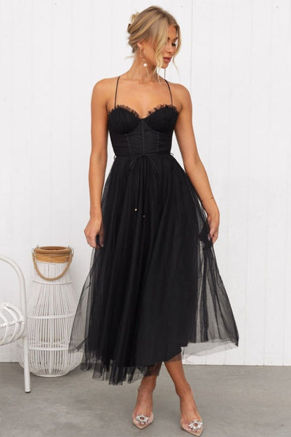 Women's Tulle Midi Dress – Lana in Black, front view on model